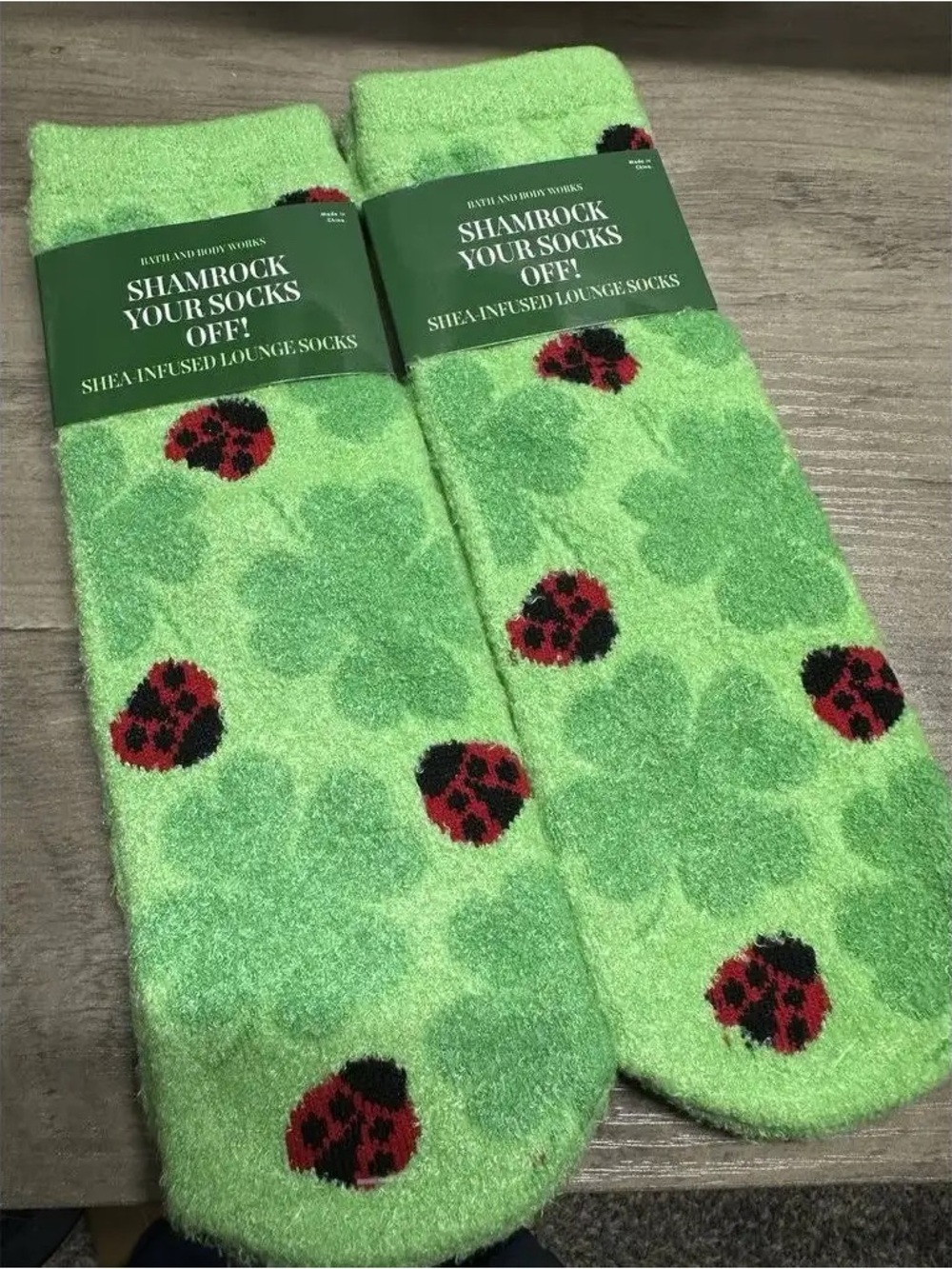 Bath & Body Works Green Shamrock Lounge Socks with Red & Black Ladybugs